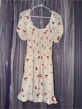 liberty White Cherry Print Puff Sleeve Mini Dress